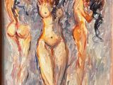 un tableau représentant trois femmes en maillot de bain debout dans l'eau