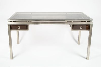 an image of a desk with a glass top and two drawers