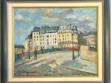 peinture à l'huile d'une scène de rue avec des bâtiments en arrière-plan