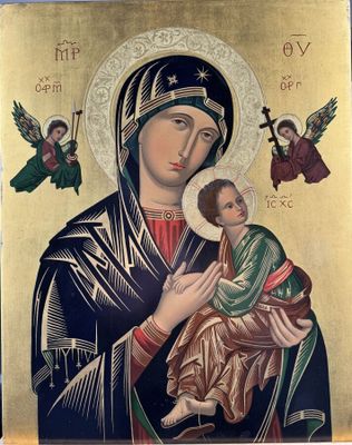 une icône représentant la Vierge à l'Enfant Jésus, entourée d'anges