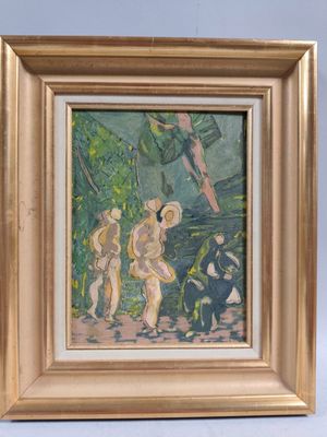tableau représentant un groupe de personnes dans un espace boisé parsemé d'arbres