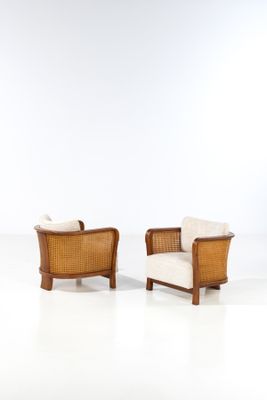 paire de fauteuils de salon vintage en rotin, dans le style de Paul Frank