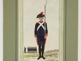 a drawing of a soldier in uniform stands in front of a line of soldiers