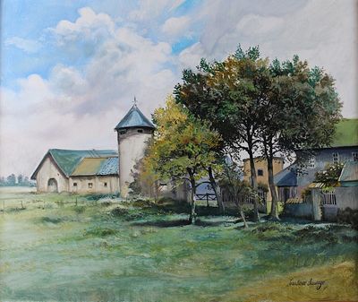 une peinture à l'huile représentant une scène de vie à la ferme avec une grange et un arbre