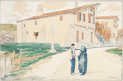 painting of two people walking down a road in front of a building
