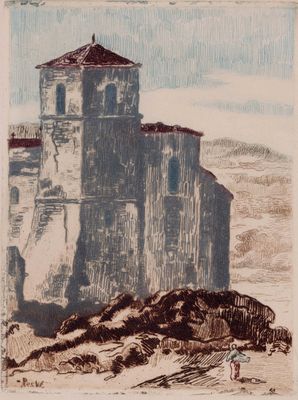 une image représentant un dessin d'un bâtiment situé au sommet d'une colline
