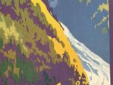 a picture of a poster with a mountain in the background