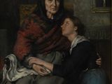 tableau représentant une vieille femme et une jeune fille assises dans une pièce