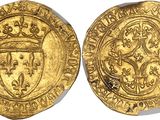 a gold coin with a crown and shield on it