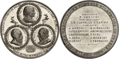 a close up of a silver coin with a group of people on it