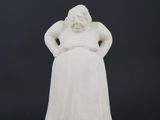a white statue of a woman standing on a black background