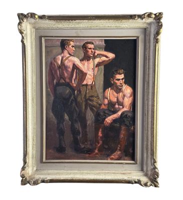 tableau représentant un groupe d'hommes debout les uns à côté des autres dans une pièce