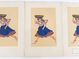 two illustrations of a woman carrying a basket of flowers on her head