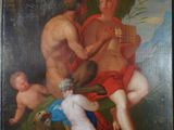 painting of a group of naked men playing instruments in a wooded setting