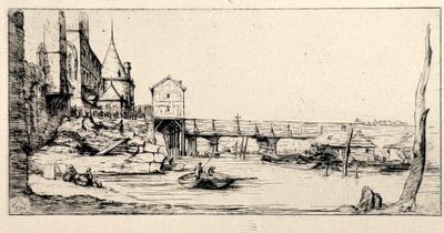 drawing of a river scene with a bridge and boats in the water