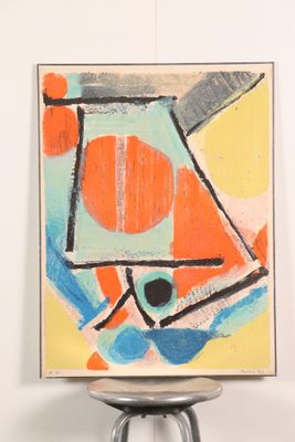 an image of a painting on a stool in a room