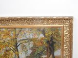 a painting of a woman sitting on a bench in a park