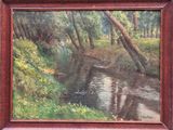 a painting of a stream running through a forest