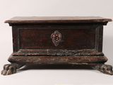 an old wooden box with a handle on a white background