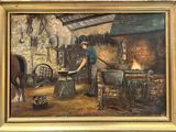 a painting of a man working in a blacksmith ' s shop