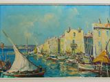 une peinture de bateaux dans un port avec des bâtiments à l'arrière-plan