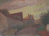 painting of a painting of a street with houses and trees in the background
