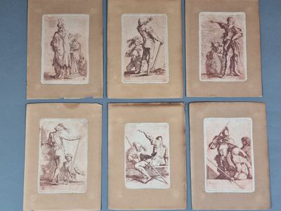 six antique engravings of a man and woman in different poses