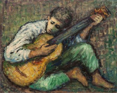 an oil painting of a man sitting on the ground playing a guitar