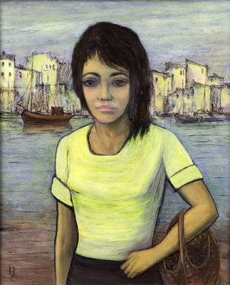 tableau représentant une femme vêtue d'un t-shirt jaune et d'une jupe noire au bord d'un plan d'eau
