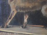 a painting of a dog standing on a ledge