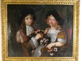 tableau représentant deux jeunes enfants tenant des fleurs, dans un cadre doré
