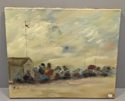 une peinture à l'huile représentant une scène de plage avec des personnes assises sur le sable