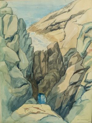 an image of a watercolor painting of a waterfall in a rocky area