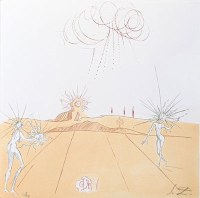 dessin représentant un groupe de personnes dans une région désertique, avec le ciel en arrière-plan