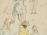 une image représentant un dessin d'un groupe de personnes assises sur un banc
