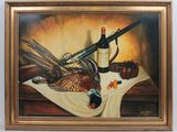 a painting of a pheasant and a bottle of wine on a table