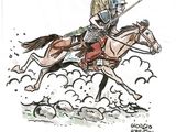 drawing of a man in armor riding a horse with a sword
