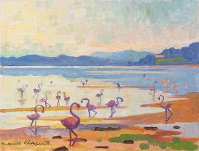 painting of a group of flamingos walking on a beach near a body of water