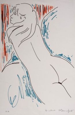 drawing of a nude woman with red and blue paint on her body