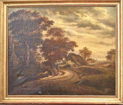 une peinture à l'huile représentant une route de campagne avec une maison au loin