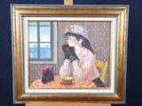 a painting of a woman sitting at a table with a cup of coffee