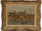 une peinture à l'huile représentant des bateaux dans un port avec un château à l'arrière-plan
