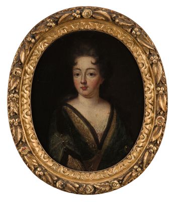 portrait of a woman in a black dress in a gold frame