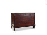 a wooden chest of drawers with three drawers and a marble top