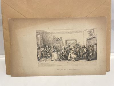 an old picture of a group of people sitting around a table