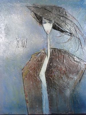 painting of a woman with long hair standing in front of a blue sky