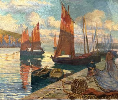une peinture représentant des bateaux sur l'eau près d'un embarcadère