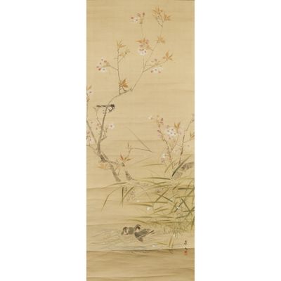 an oriental painting of birds and flowers on a beige background