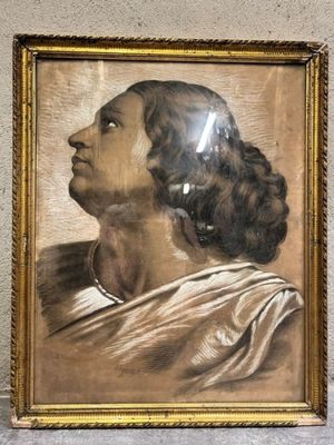 an old painting of a woman in profile with her head turned to the side