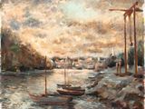 a painting of boats on the water near a dock